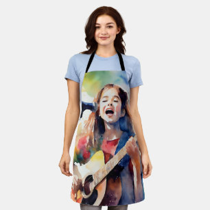Watercolor Girl Singing and Playing Guitar, Colorf Apron