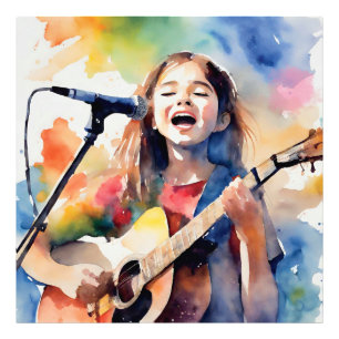 Watercolor Girl Singing and Playing Guitar, Colorf Photo Print