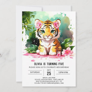 Watercolor Girl Tiger Custom Birthday Invitation