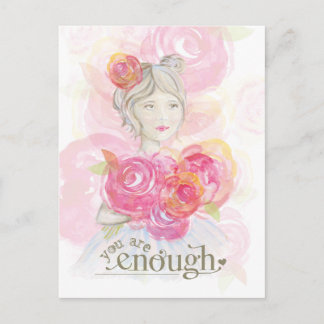 Watercolor girl with flowers _ You Are Enough Postcard