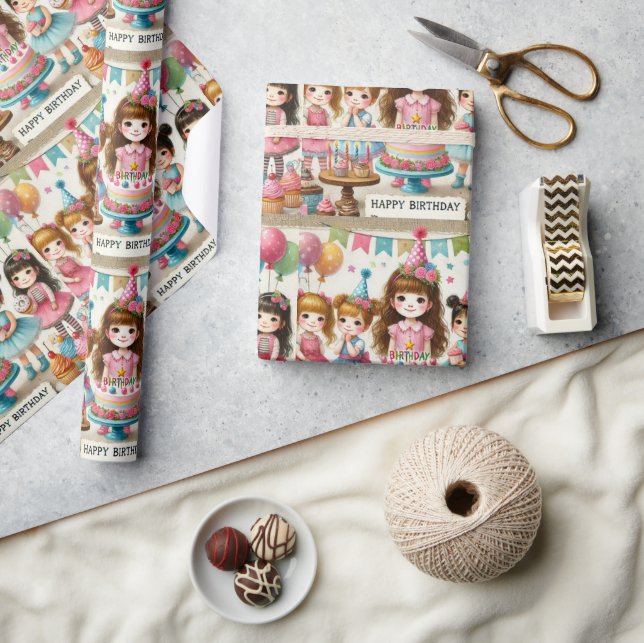 Watercolor Girls Happy Birthday Wrapping Paper (Crafts)