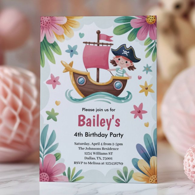 Watercolor Girls Pirate 4th Birthday Party Invitation (Creator Uploaded)