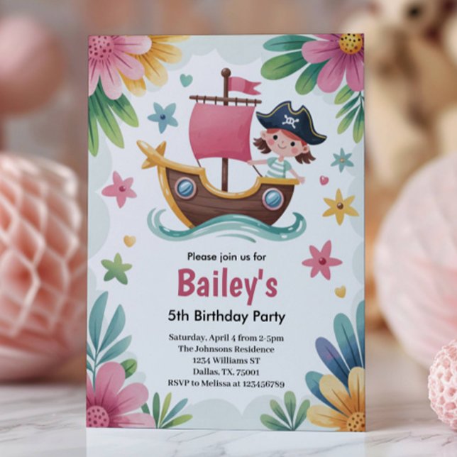 Watercolor Girls Pirate Birthday Party Invitation (Creator Uploaded)