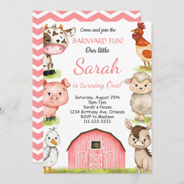 Watercolor Girly Farm Animals Birthday Invitation (Front/Back)