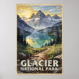 Watercolor Glacier National Park Retro Poster