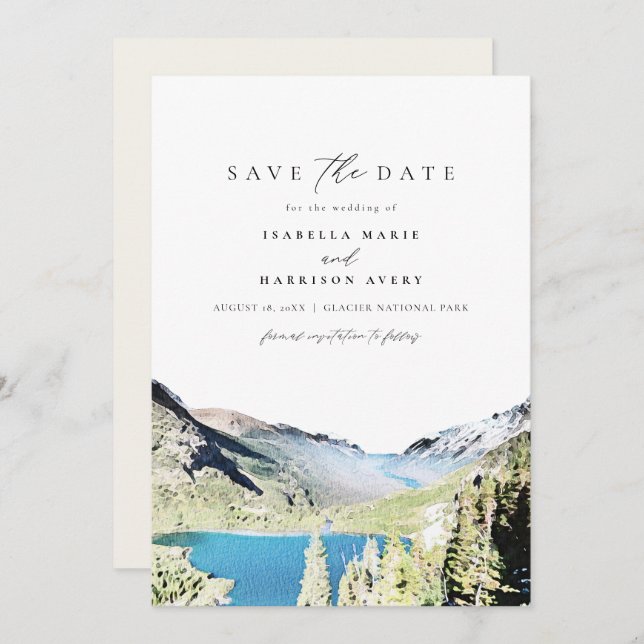 Watercolor Glacier National Park Save the Date Invitation (Front/Back)