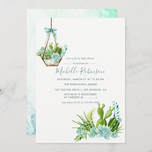 Watercolor Glass Terrarium Succulents Baby Shower Invitation (Front/Back)
