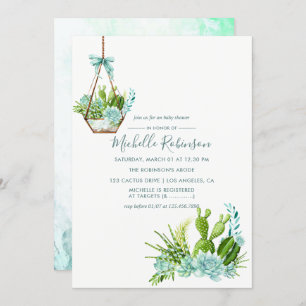 Watercolor Glass Terrarium Succulents Baby Shower Invitation