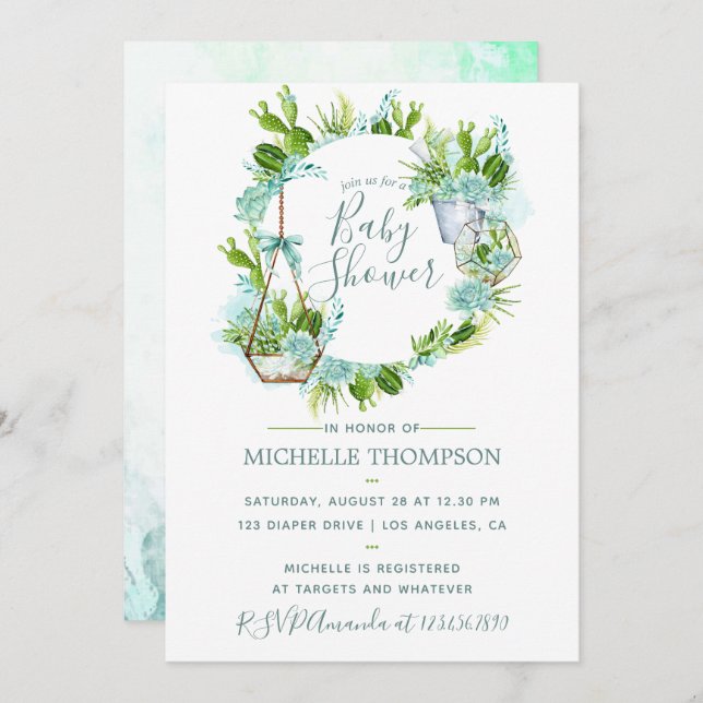 Watercolor Glass Terrarium Succulents Baby Shower Invitation (Front/Back)
