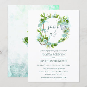 Watercolor Glass Terrarium Succulents Engagement Invitation