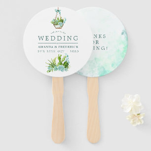 Watercolor Glass Terrarium Succulents Wedding Hand Fan
