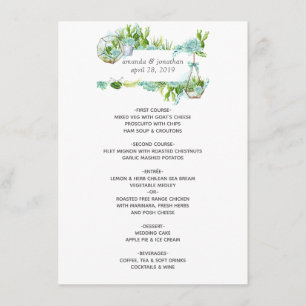 Watercolor Glass Terrarium Succulents Wedding Menu