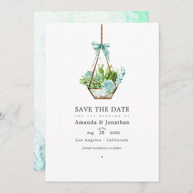 Watercolor Glass Terrarium Succulents Wedding Save Save The Date (Front/Back)