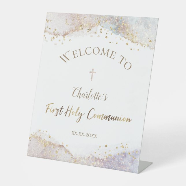 watercolor glitter First Communion welcome sign (Front)
