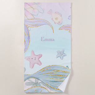 Watercolor Glitter Mermaid Tails Under the Sea Beach Towel