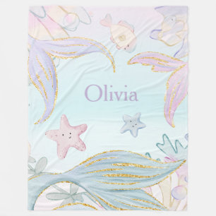 Watercolor Glitter Mermaid Tails Under the Sea Fleece Blanket