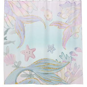 Watercolor Glitter Mermaid Tails Under the Sea Shower Curtain