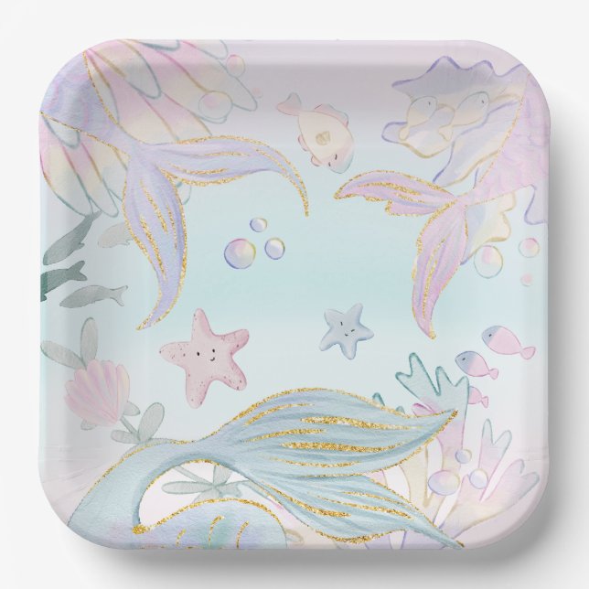 Watercolor Glitter Mermaid Under the Sea Party Paper Plate (Front)