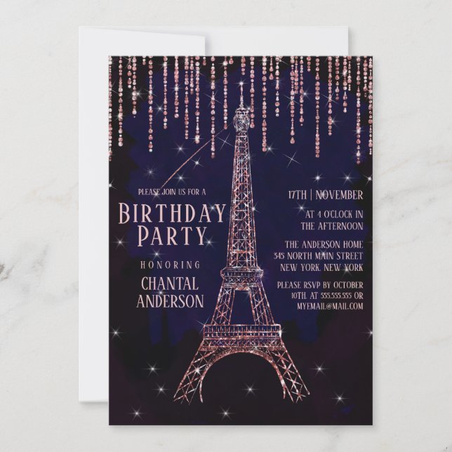 Watercolor Glitter Paris Eiffel Tower Birthday Invitation (Front)