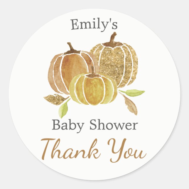 Watercolor Glitter Pumpkin Fall Baby Shower Classic Round Sticker (Front)