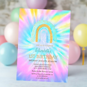 Watercolor Glitter Rainbow Tie Dye Birthday Invitation