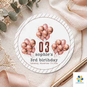  Watercolor Glitter Rose Gold balloon 3rd birthday Classic Round Sticker