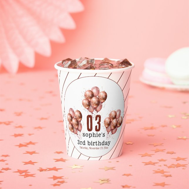  Watercolor Glitter Rose Gold balloon 3rd birthday Paper Cups (Insitu)