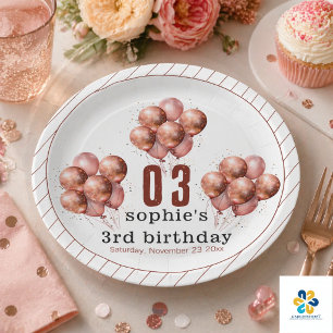  Watercolor Glitter Rose Gold balloon 3rd birthday Paper Plate