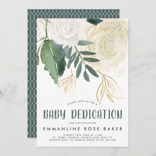 Watercolor & Glitter Roses Baby Dedication Invite (Front/Back)