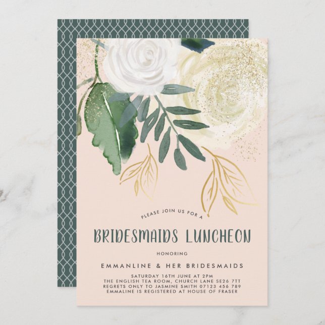 Watercolor & Glitter Roses Bridesmaids Luncheon Invitation (Front/Back)
