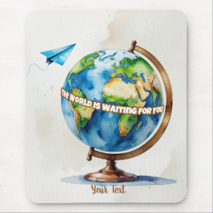 Watercolor Globe and Paper Airplane Design Mouse Pad