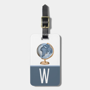 Watercolor Globe, Blue, White, Brown Kid's Initial Luggage Tag