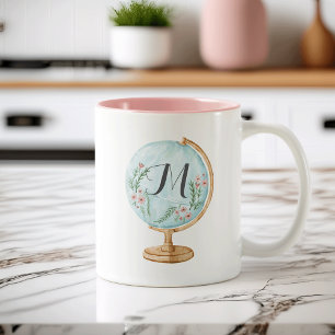 Watercolor Globe Monogram Two-Tone Coffee Mug