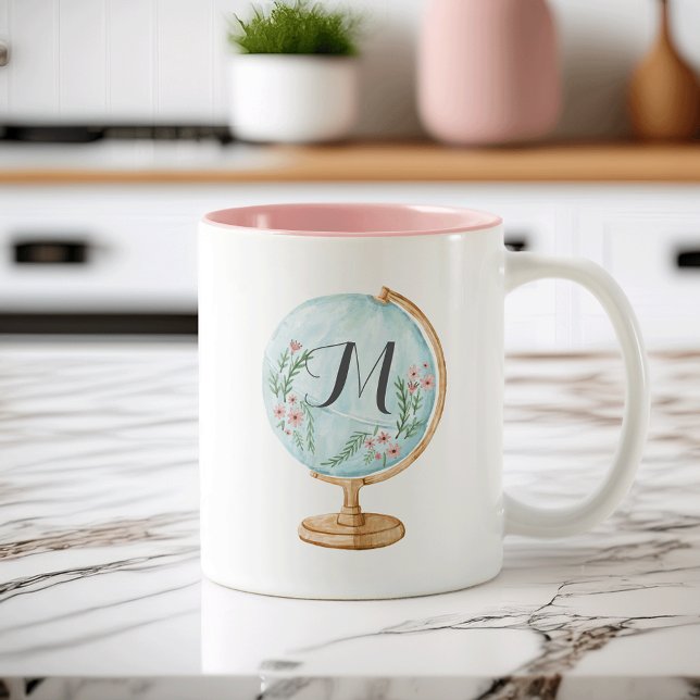 Watercolor Globe Monogram Two-Tone Coffee Mug (Creator Uploaded)