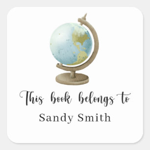 Watercolor globe with map - This book belongs to Square Sticker