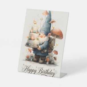 Watercolor Gnome Birthday Design with Tiered Cake Pedestal Sign