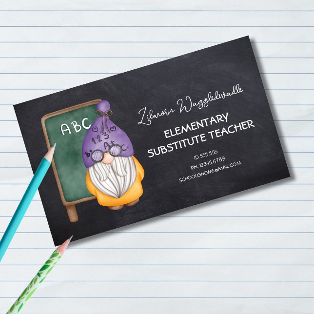 Watercolor Gnome Teacher Chalkboard Background Business Card (Creator Uploaded)