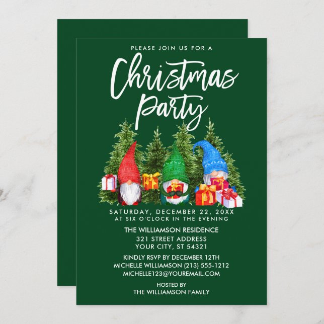 Watercolor Gnomes Christmas Party Green Invitation (Front/Back)