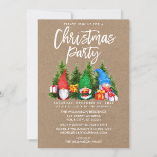 Watercolor Gnomes Christmas Party Kraft Invitation