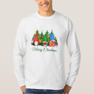 Watercolor Gnomes Green Merry Christmas Long T-Shirt