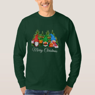Watercolor Gnomes Merry Christmas Green Long T-Shirt