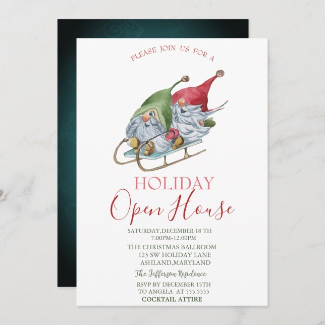 Watercolor Gnomes Sleigh Open House   Invitation (Front/Back)