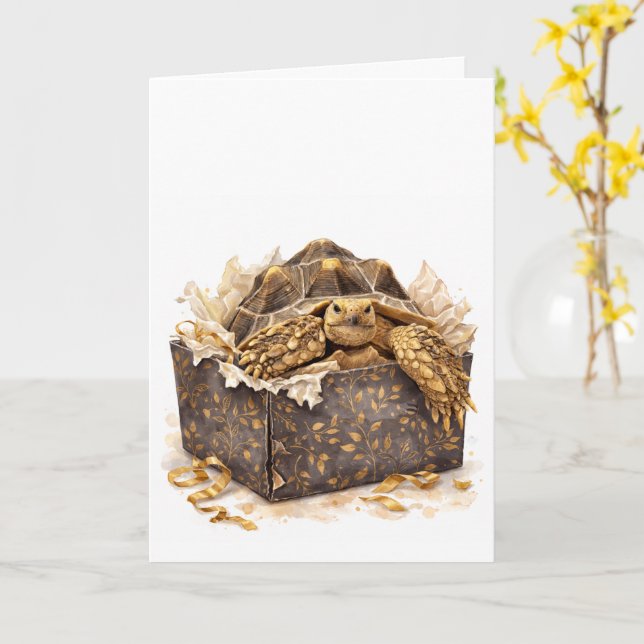 Watercolor Gold and Brown Birthday Gift Turtle Card (Yellow Flower)
