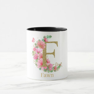 Watercolor Gold and Floral Monogram Letter F Mug