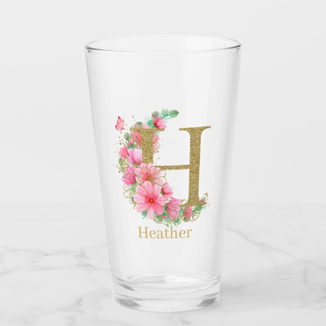 Watercolor Gold and Floral Monogram Letter H Glass (Front)
