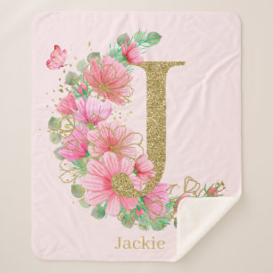 Watercolor Gold and Floral Monogram Letter J Sherpa Blanket