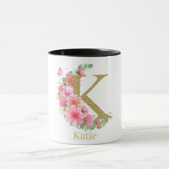 Watercolor Gold and Floral Monogram Letter K Mug (Center)