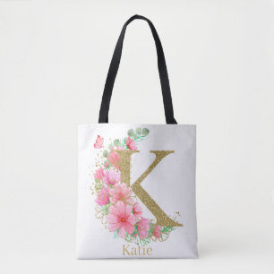Watercolor Gold and Floral Monogram Letter K Tote Bag