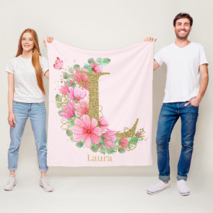 Watercolor Gold and Floral Monogram Letter L Fleece Blanket