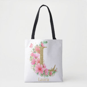 Watercolor Gold and Floral Monogram Letter L Tote Bag